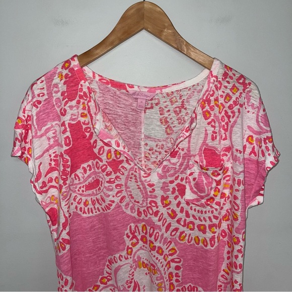 Lilly Pulitzer Shirt Women's Size Medium Hot Coral Trunk in Love Linen Duval Top - Picture 3 of 7